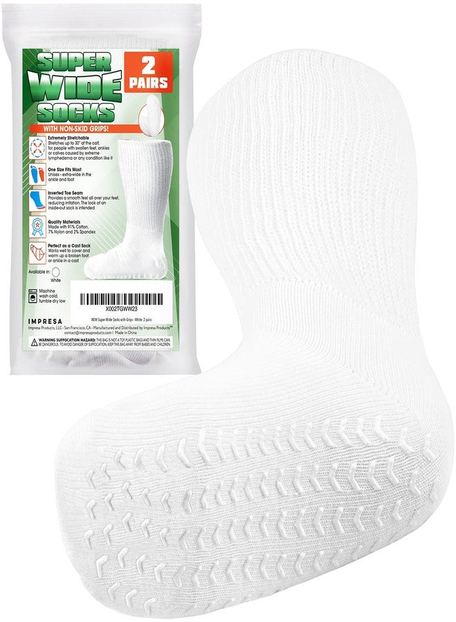 IMPRESA 2 Pairs Extra Wide Socks - White, Calf-High - XXXL - Non-Skid Grip Design & Grip Socks - Stable Cast Cover & Cast Liner - Image 1